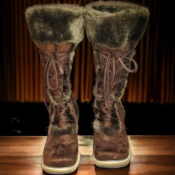 Moccasin style brown velvet fur trim tall calf boots - Picture 4 of 5